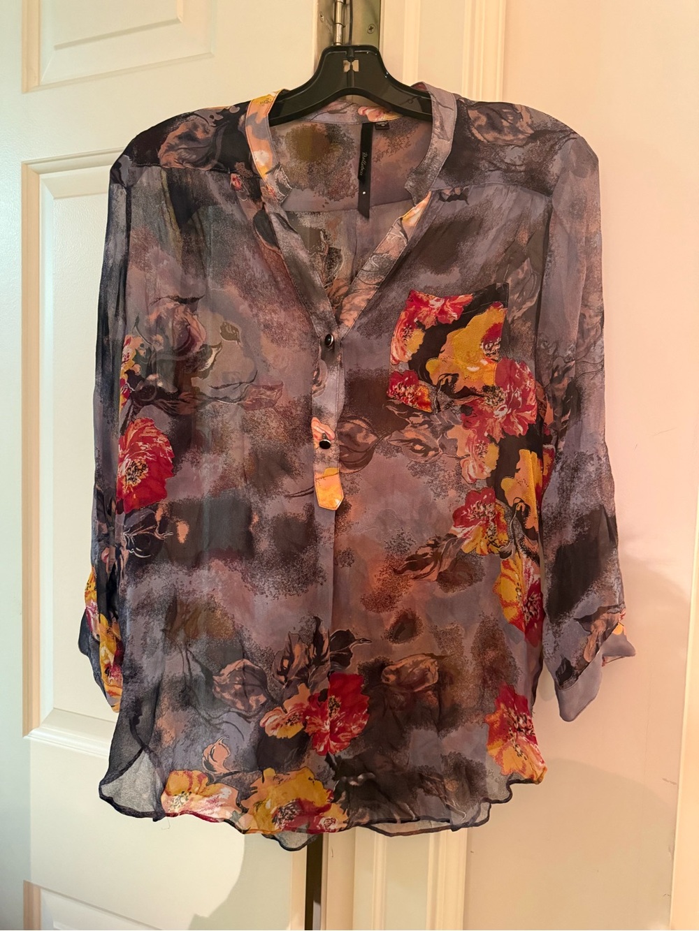 Bellatrix Sheer Floral Button-Front Blouse in Gray with Red & Yellow Flowers